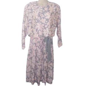 Vintage 1970s Mr. Mort Pink and Gray Satin Smocked Drop Waist Dress
